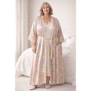 Vintage Barbizon Floral Satin Robe Plus Size 2X Lace Trim Long Peignoir